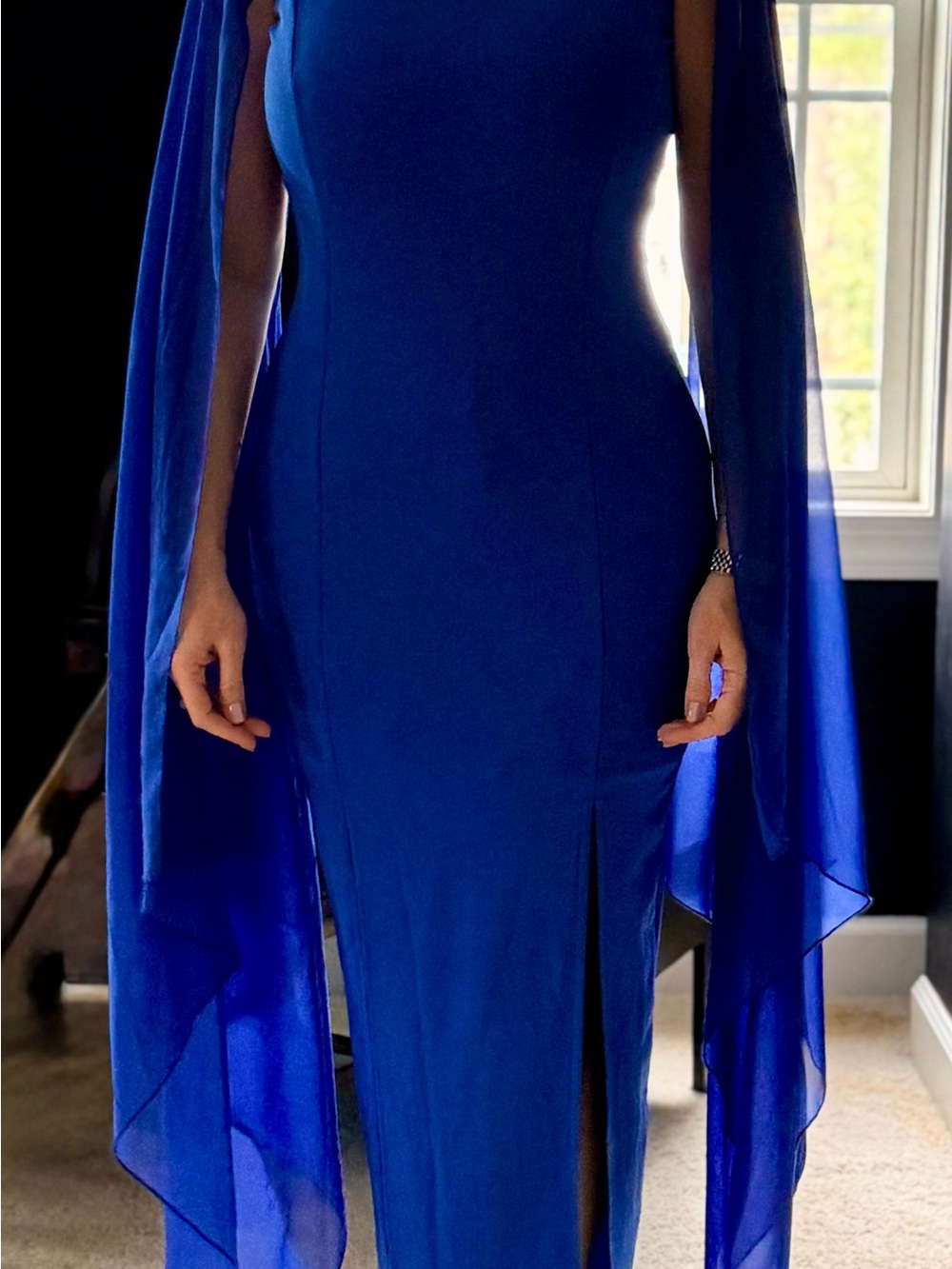 Elegant Royal Blue Evening Gown with Cape Sleeves